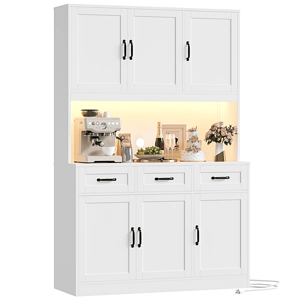 Hiphuta 72" Tall Kitchen Pantry Storgae Cabinet with RGB LED, Hutch Cabinet with Charging Station and Adjustable Shelves for Dining Room, White