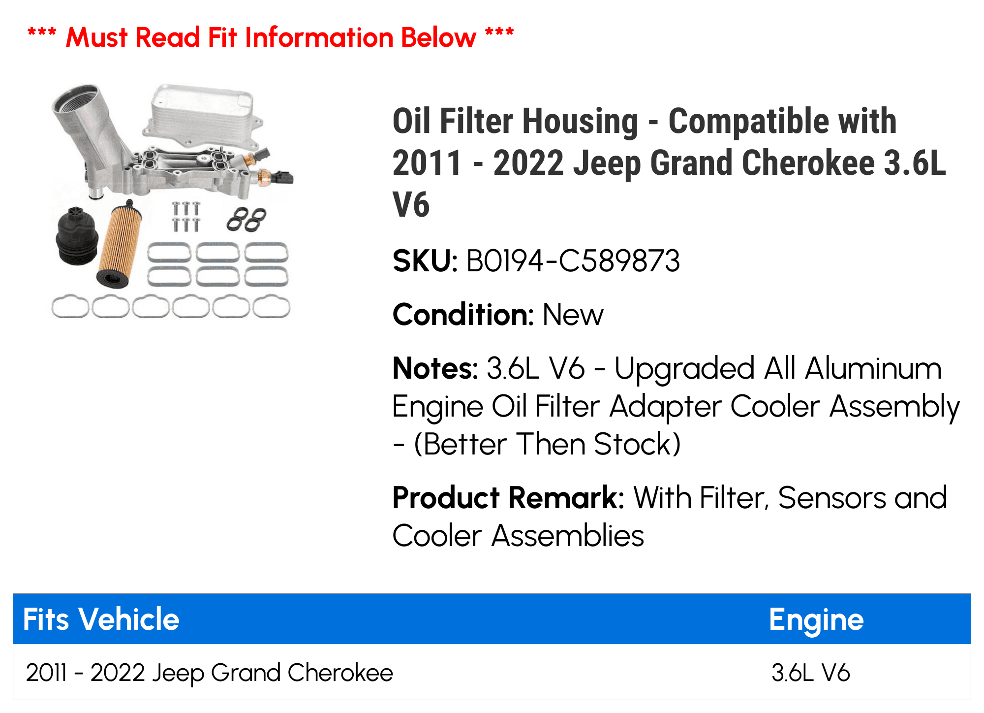 Oil Filter Housing - Compatible with 2011 - 2022 Jeep Grand Cherokee 3.6L V6 - Replacement