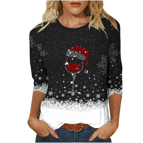 KIHOUT Womens Tops Long Sleeve Fashion Petite Comfortable Round-Neck 3/4 Sleeve Christmas Print Casual T-shirt Blouse