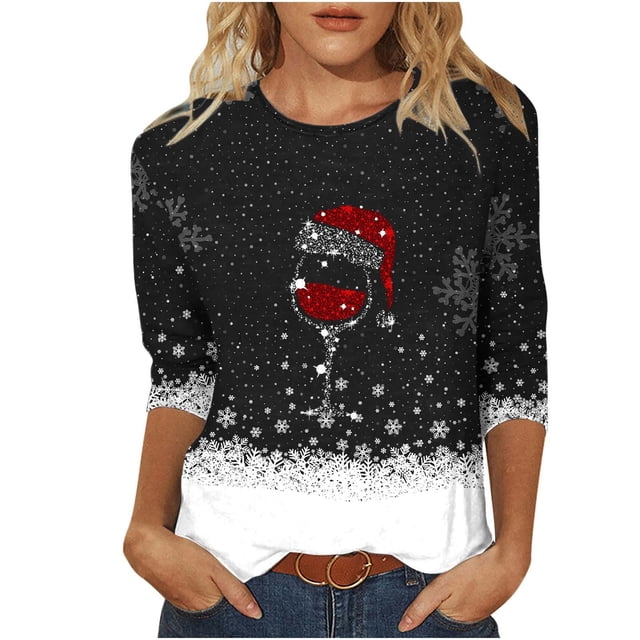 Besolor Chemises de Noël 3/4 pour Femmes Tunique Imprimée Col Rond Hauts Décontractés Grande Taille Blouse de Vacances pour Dames