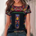 thumbnail image 3 of Women's Short Sleeve Crew Neck Floral Print Blouse Mexican T-Shirts Casual Loose Tops Mexico Summer Shirt, 3 of 6