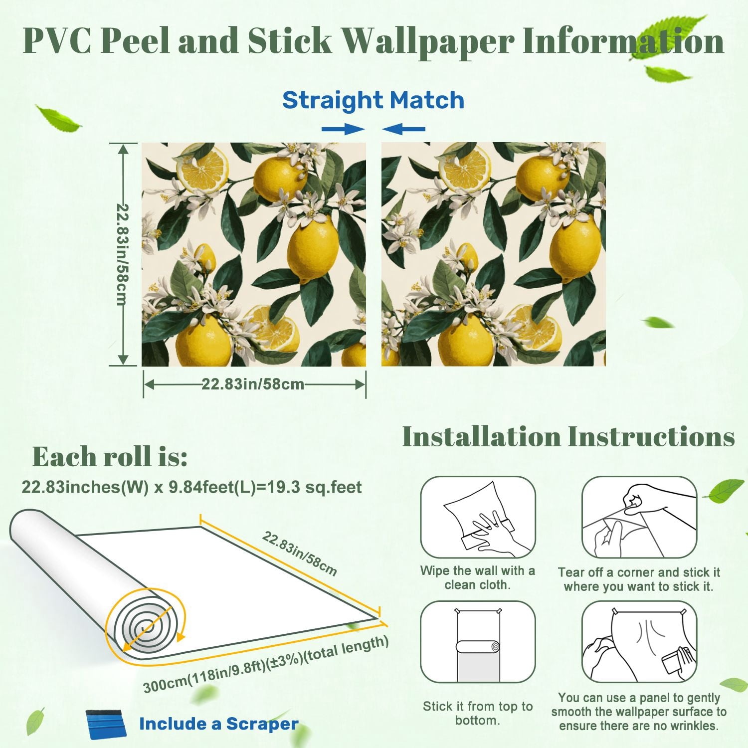 Peel and Stick Wallpaper Summer lemon branch flowers 24in x 118in Contact Paper Removable Self Adhesive Wall Mural Wall Decor for Bedroom Kitchen Cabinets
