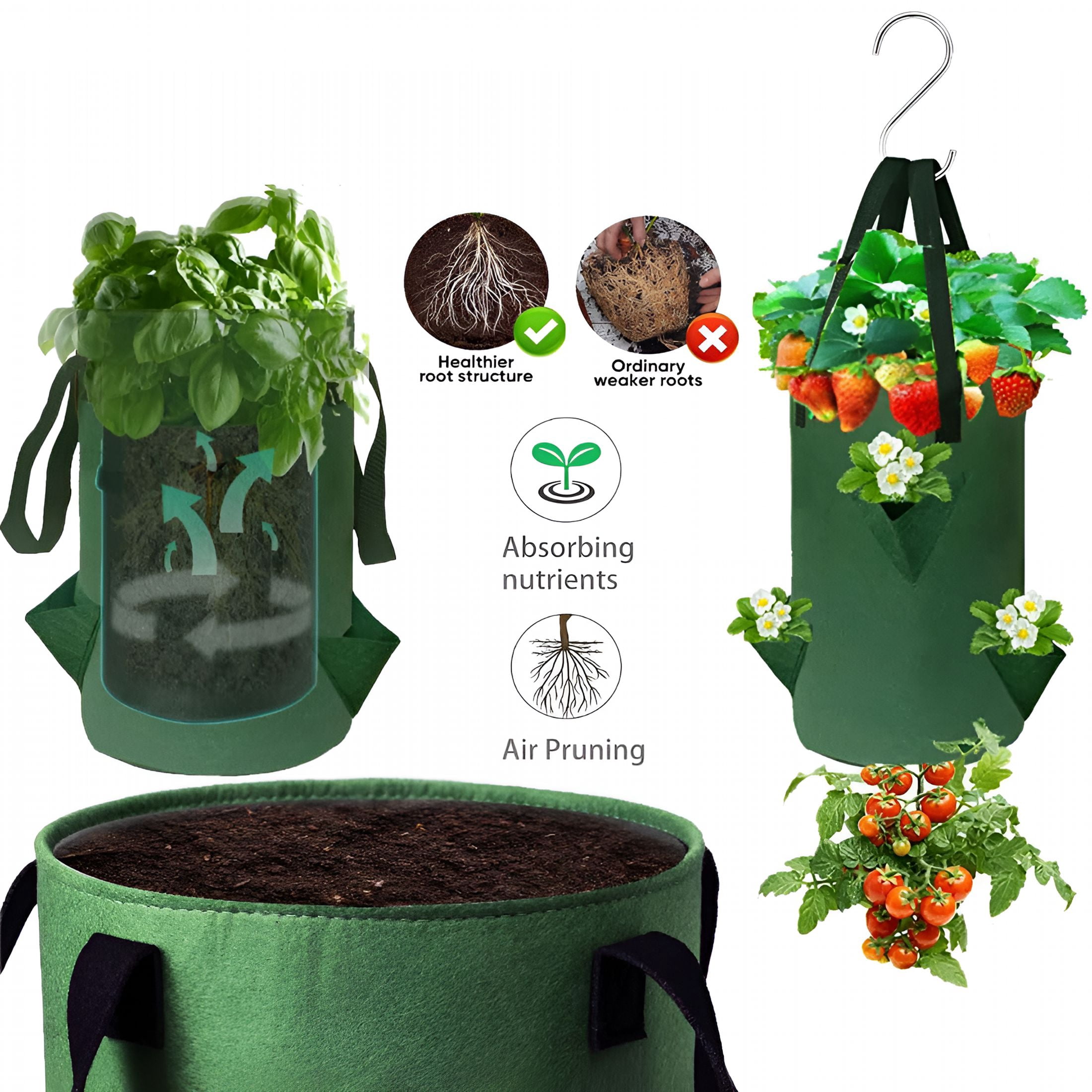 MISSMILE 4Pack Upside Down Strawberry Planter, 3 Gallon Hanging Grow Bags for Tomato Vegetables 6 Planting Holes with 4 Hooks,Upside Down Strawberry Plant Hanger Vegetable Planting Bags for House