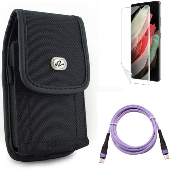Purple 6ft PD Cable & Matte Screen Protector & Case Belt Clip for Samsung Galaxy S22 Plus (S22 ) - Combo Type-C to USB-C Long Charger Cord Power & TPU Film Anti-Glare & Rugged Holster