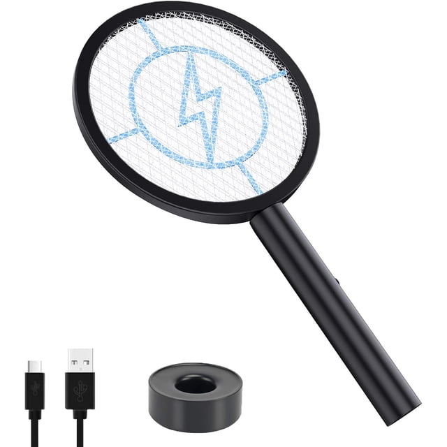 Matamoscas eléctrico recargable por USB para el hogar, exteriores, control de plagas con base, seguridad de doble malla de 3000 V para control de plagas eléctrico en interiores y exteriores