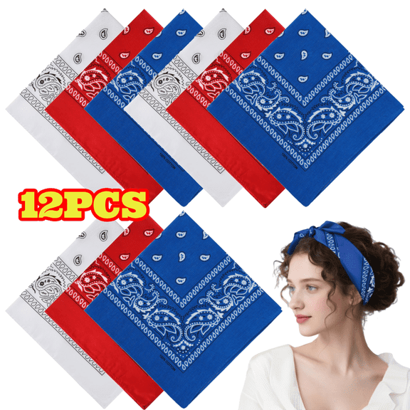 12pcs Large Cotton Bandanas for Women and Men, 22 inch Paisley Bandana Cowboy Headbands