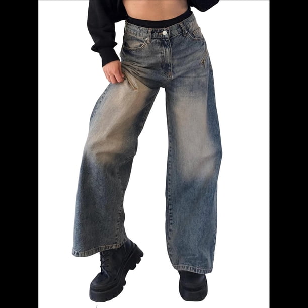 Pantalones Vaqueros de Pierna para Mujer, Desgastados, de Cintura Media, Estilo Vintage Y2K. Azul Retro L