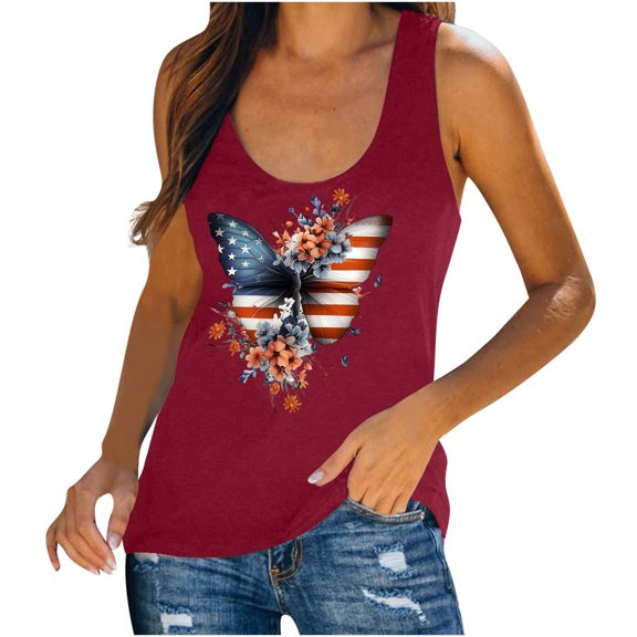 Fewfanhot Women's American Flag Butterfly Floral Print Tank Top, Patriotic Sleeveless Casual U-Neck Cami, Fourth of July Loose-Fit Blouse, S-2XL