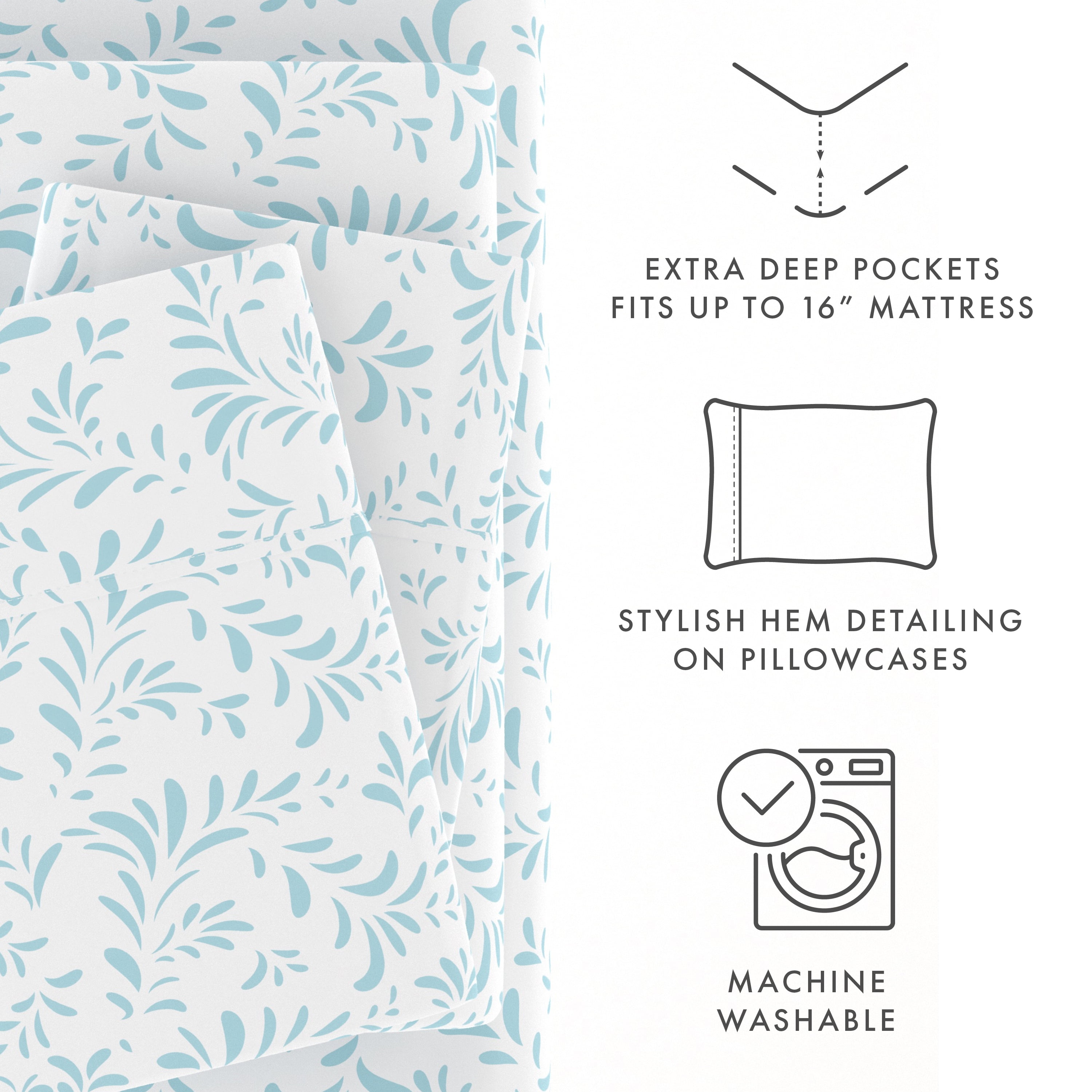 Noble Linens 4 Piece Pattern Microfiber Bed Sheets Set, Light Blue Ultra Burst of Vines, Queen