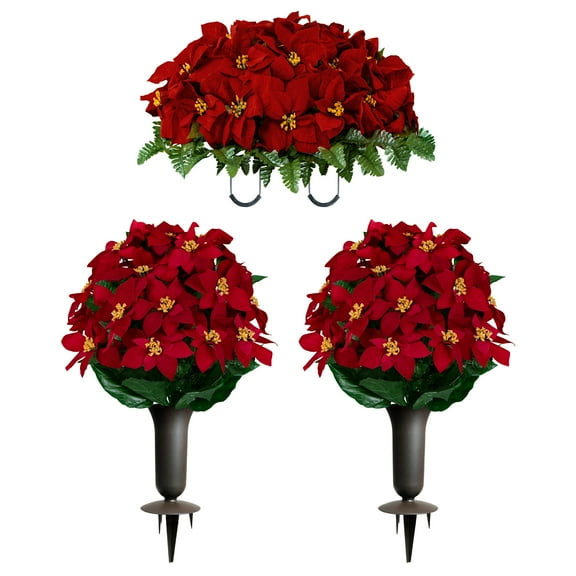 Sympathy Silks Artificial Cemetery Flowers - Red Poinsettias - 2 Bouquets & Saddle with Vases