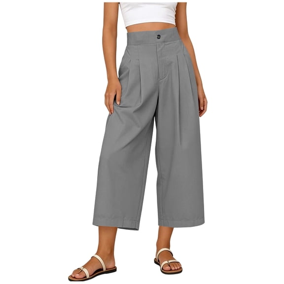 cocolona Womens Summer Casual Pleated Pants Elastic Waist Straight Wide Leg Vacation Beach Cropped Trousers with Pocket