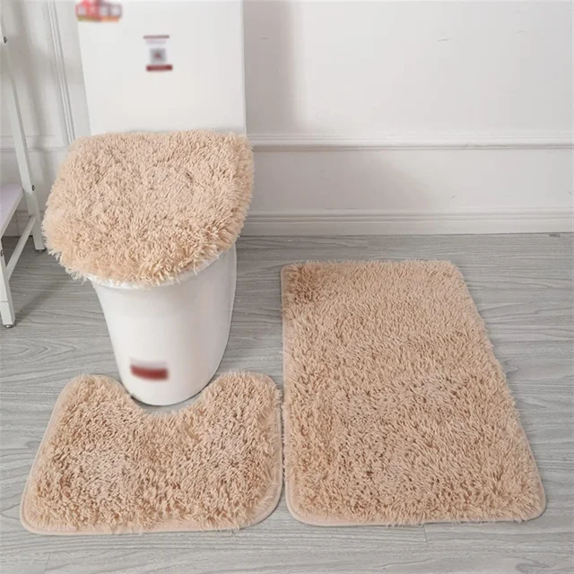 Juego de alfombras de baño, 3 Piezas, Alfombra de baño Peluda Antideslizante, Alfombra de baño de Contorno Esponjoso, Funda de Asiento de Inodoro de Pelo Largo, Caqui 1 Sailing Electrónica