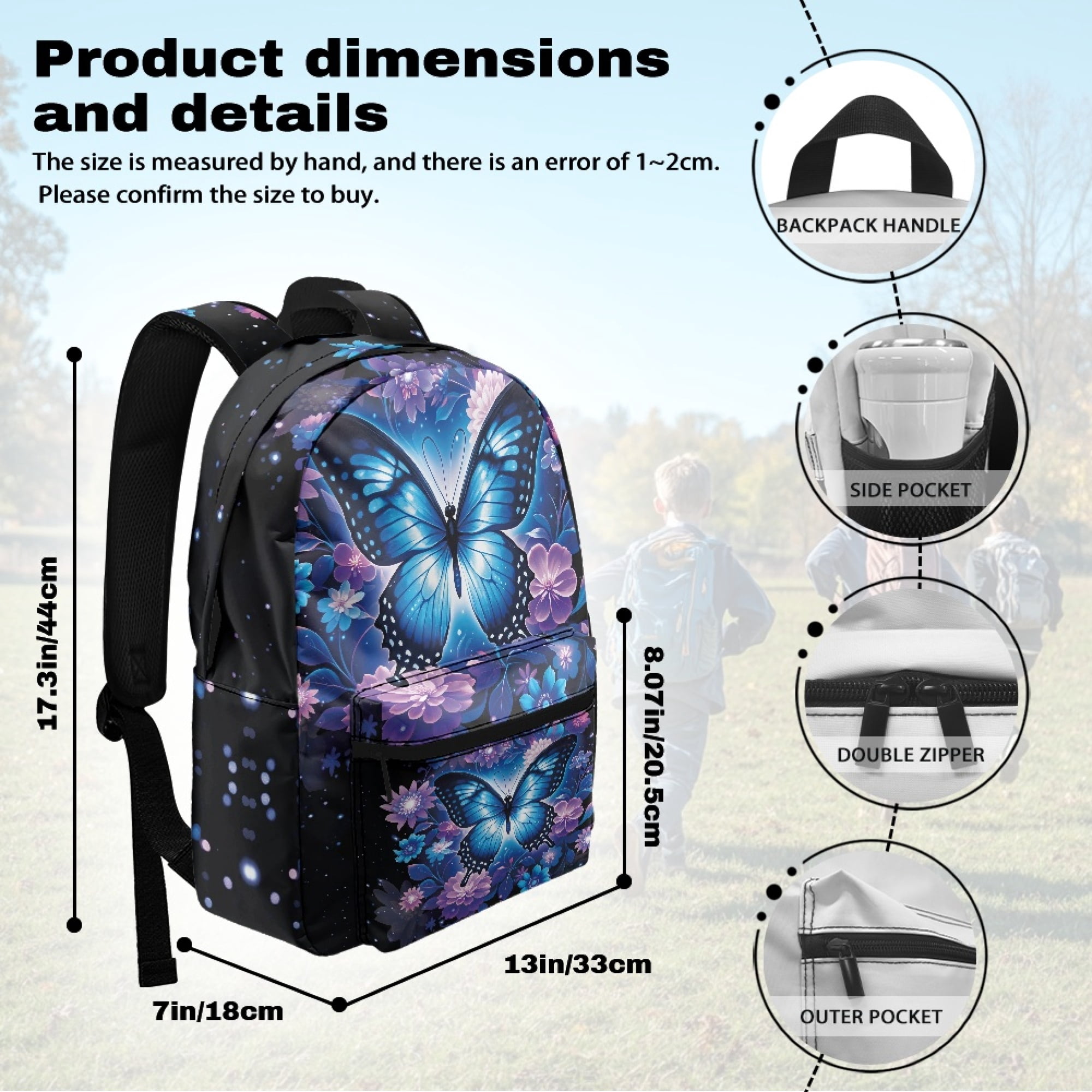 Chririnla Blue Butterfly Floral School Backpack Set for School Students Girls Boys Casual Dailypack Bookbag