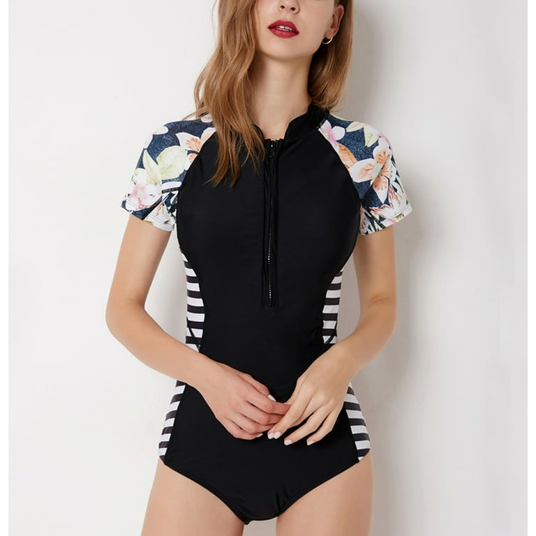 Defitshape Women's Zip Rash Guard Shirt Short Sleeve Rashguard Swimsuit One  Piece Bathing Suit Surfing Modest Swimwear for Teen Girl Striped Floral