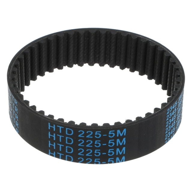Unique Bargains HTD-5M rubber timing belt with a 225mm outside circumference, 20mm width, and 45 teeth. Made of durable neoprene rubber with reinforced nylon cords, this closed-loop pulley timing belt ensures precise power transmission, low noise, and high efficiency of 98%-99%. Commonly used in industrial applications such as robotics, 3D printers, CNC machines, and automation systems. The belt features a curved shape to reduce slippage and supports speed ratios up to 1:10. Multiple sizes are available; confirm size before ordering.