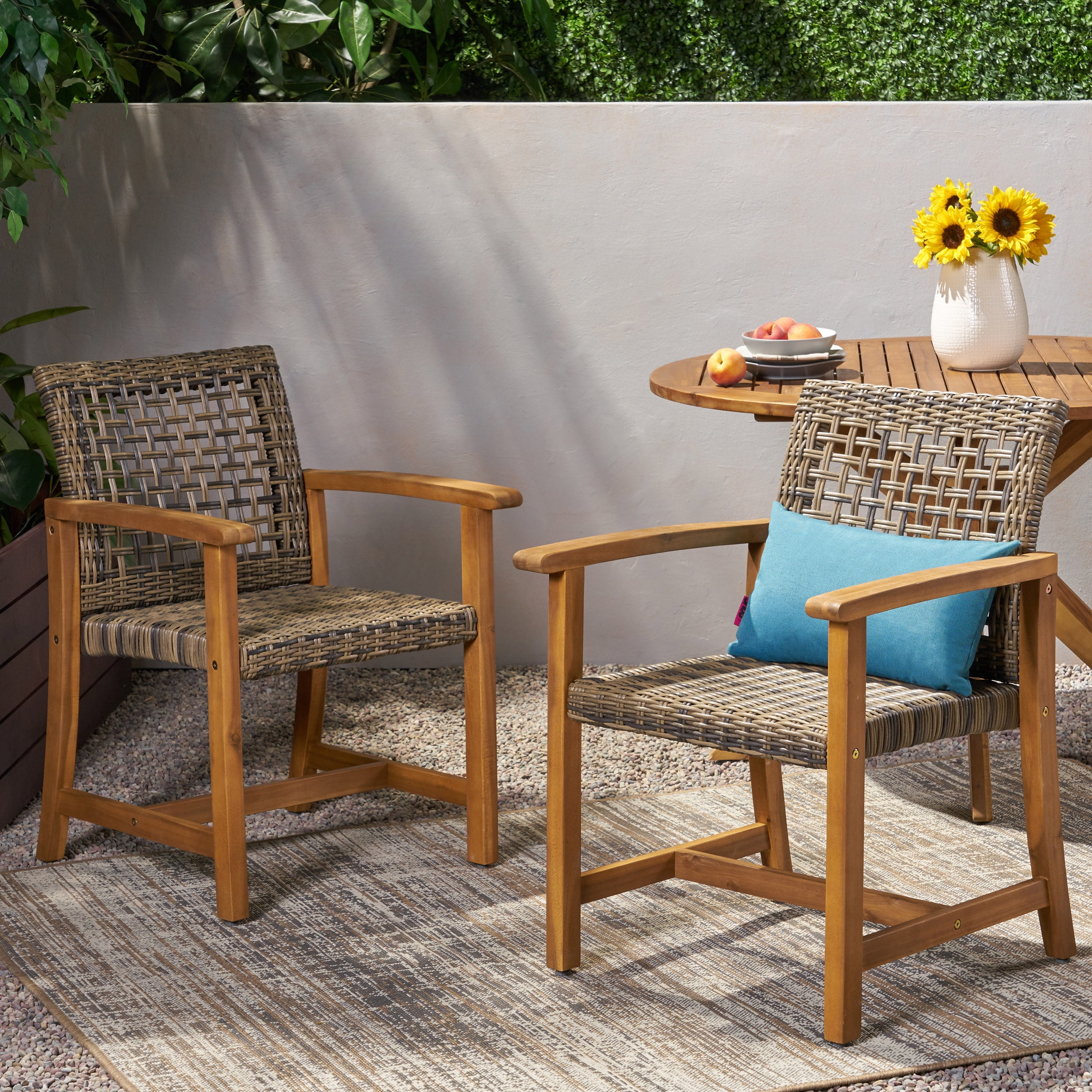 Euroco Outdoor Acacia Wood Armchair with Woven PE Rattan Seat, Weather-Resistant Patio Chair for Garden, Porch, or Deck