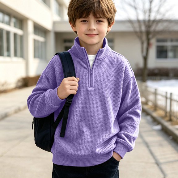 Lutiedan Quarter Zip Sweatshirts for Boys Waffle Knit Baggy Pullover Tops Long Sleeve Mock Neck Fall Sweatshirts Size 3-14,Purple
