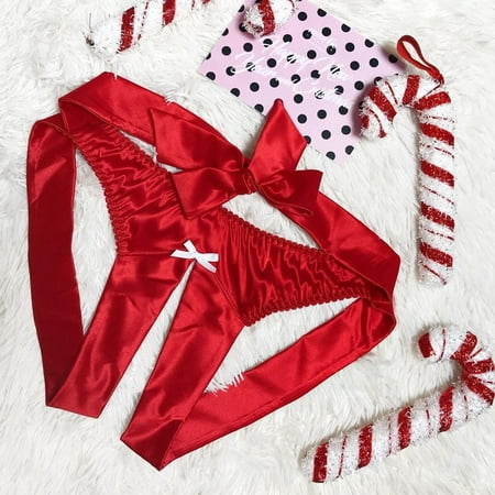 

MRULIC lingerie for women Women Satin Silk Bowknot Briefs G-String Thong Crotchless Lingerie Sleepwear Red + 3XL