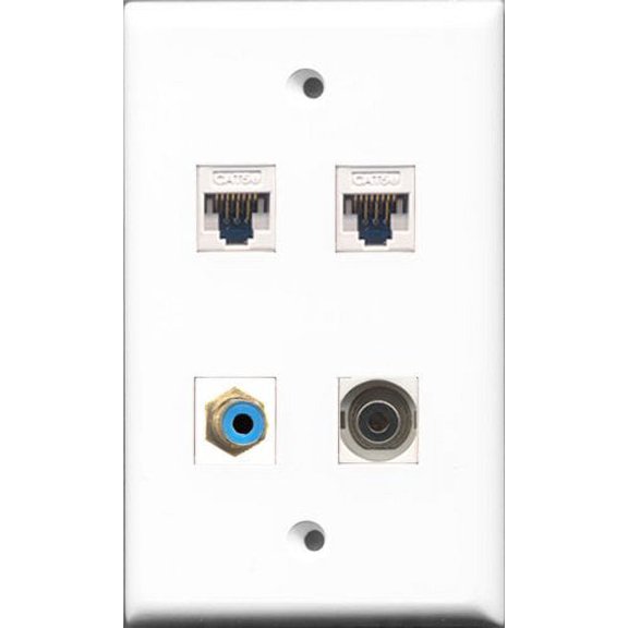 RiteAV - 1 Port RCA Blue and 1 Port 3.5mm 2 Port Cat5e Ethernet White Wall Plate