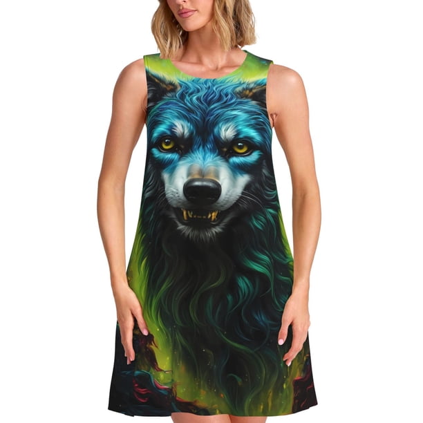 Disketp Fluorescent Wolf para Vestido sin Mangas para Mujeres, Vestidos de Verano para Mujeres, Casual y Holgado para la Playa