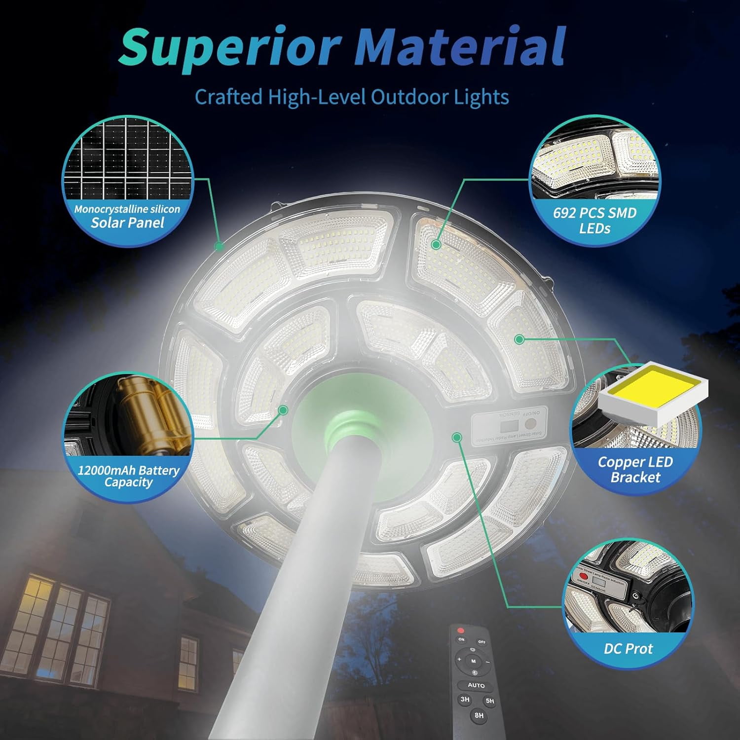 83.5″ Solar Lamp Post with Aluminum Pole & Portable Base, Waterproof Dusk to Dawn Motion Sensor 692-LED Street Light with Plug and DC Port for Yard, Driveway, Patio Outdoor Lighting