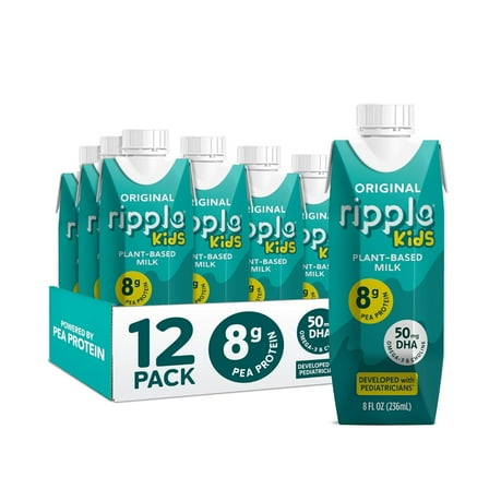 Ripple Kids Original Non-Dairy Milk 8g Pea Protein l Shelf-Stable l Singe Serve Cartons l Plant Based (8 Fl Oz (Pack of 12), Kids Original)