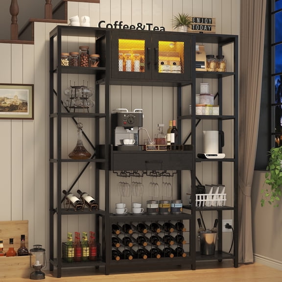 Wine Bar Cabinet with LED Light and Charging Station, Liquor Cabinet with Wine Holder and Wine Rock, Display Shelf Bar Cabinet with Drawer and Storage Cabinet, Brown