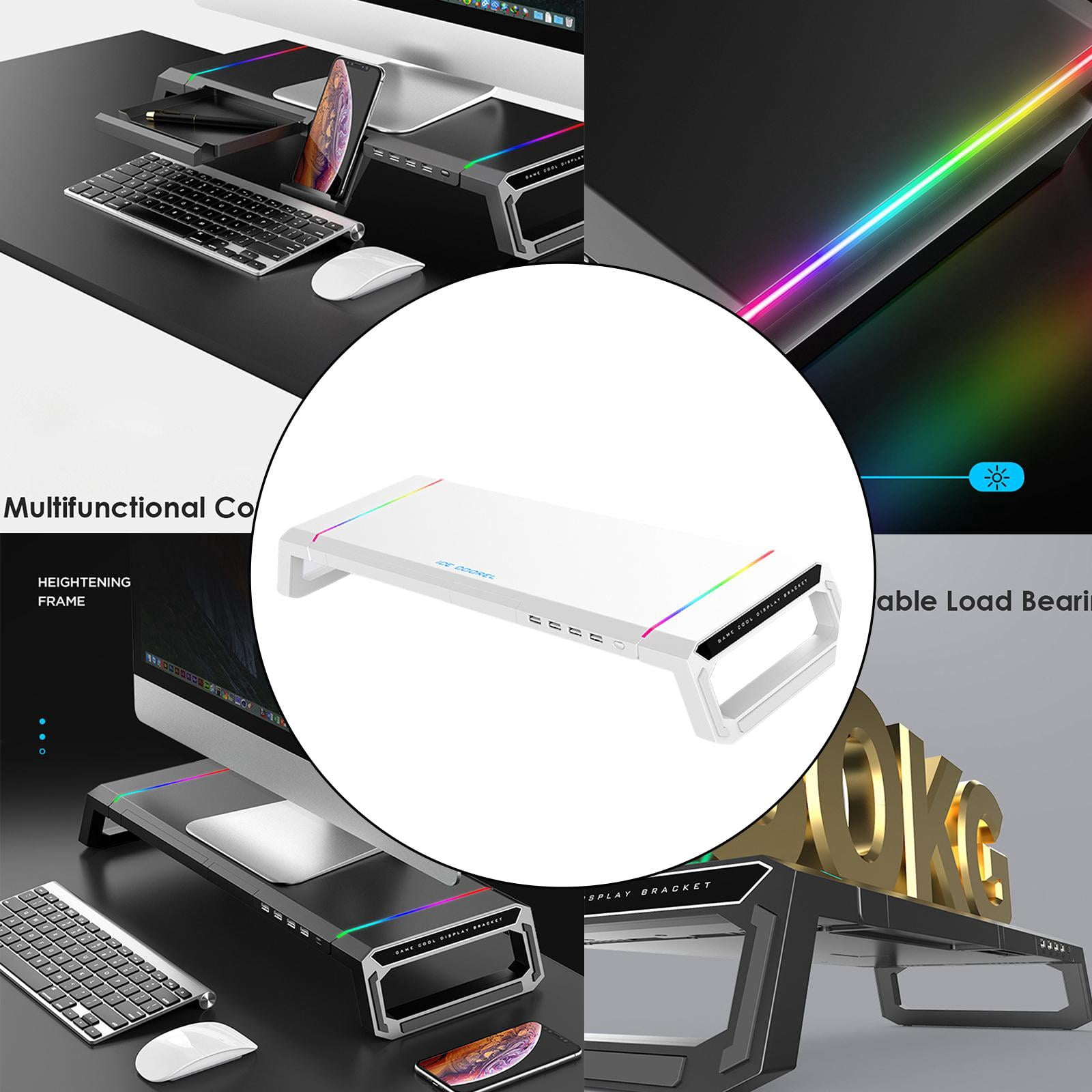 Wzmzjy Foldable Computer Monitor Stand Riser Bracket RGB 4 USB 2.0 Keyboard Tray, Elegant Design White