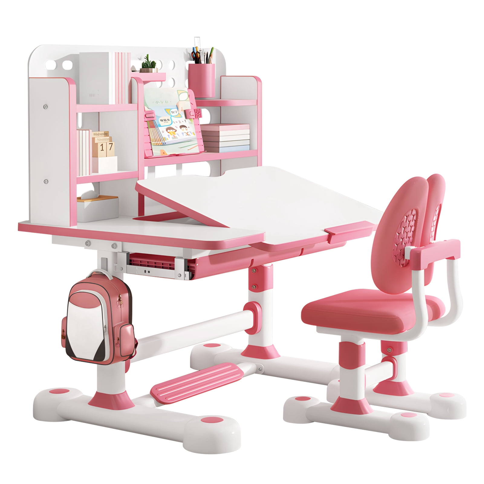 Kid's Study Desk And Chair Set, Height Adjustable Children's Desk And Chair Set with Bookshelf And Storage Drawer, 50-Degree Tiltable Desktop Study Table with Chair for Bedroom Study Room-Pink