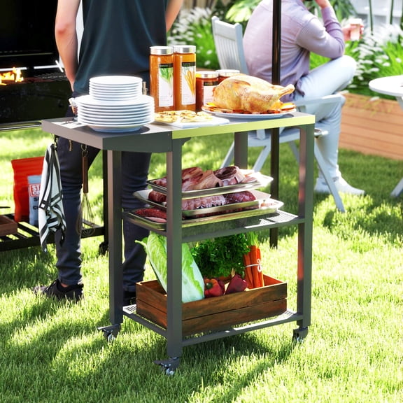 Outsunny 3-Shelf Outdoor Grill Cart Table with Foldable Side Table, Stainless Steel Tabletop, 22" x 16.1" Pizza Oven Stand with Hooks, Silver