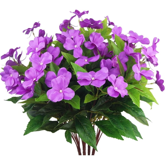 4 Pcs Artificial Flowers Outdoor Impatiens UV Resistant Silk Impatiens Flowers Purple Faux Flowers Impatiens Bushes Artificial Impatiens for Pot Patio Lawn Garden Hanging Basket Porch Decor