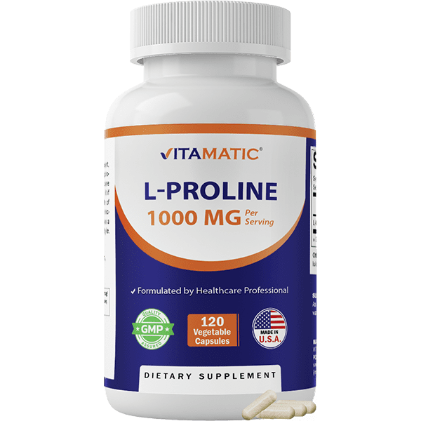 Vitamatic L-Proline 1000 MG Per Serving – 120 Vegetarian Capsules – Free Form Amino Acid Supplement – Non-GMO – Gluten Free – Made in USA