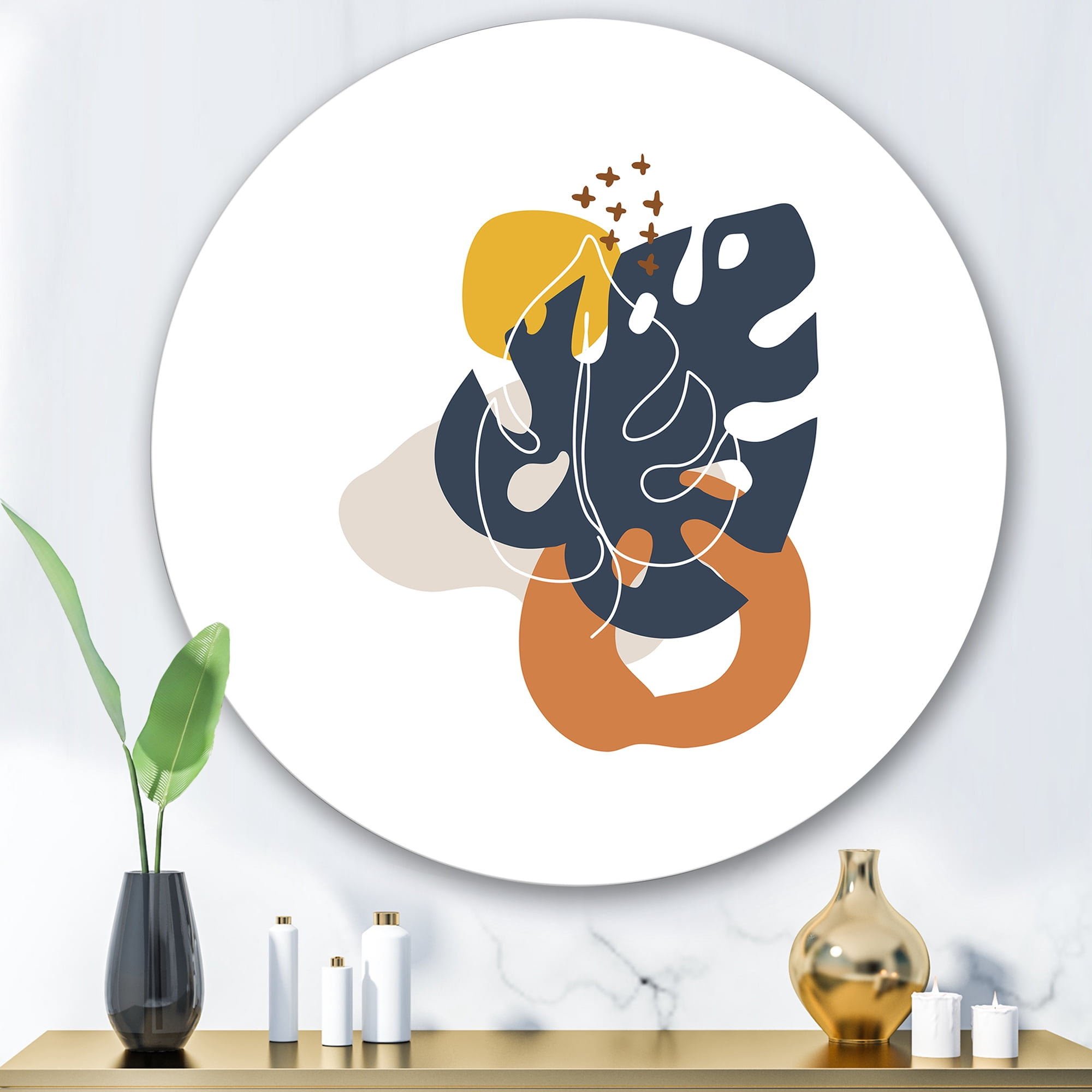 Designart 'Abstract Minimal Shapes Under Flowers IX' Modern Circle Metal Wall Art 29x29 - Disc of 29