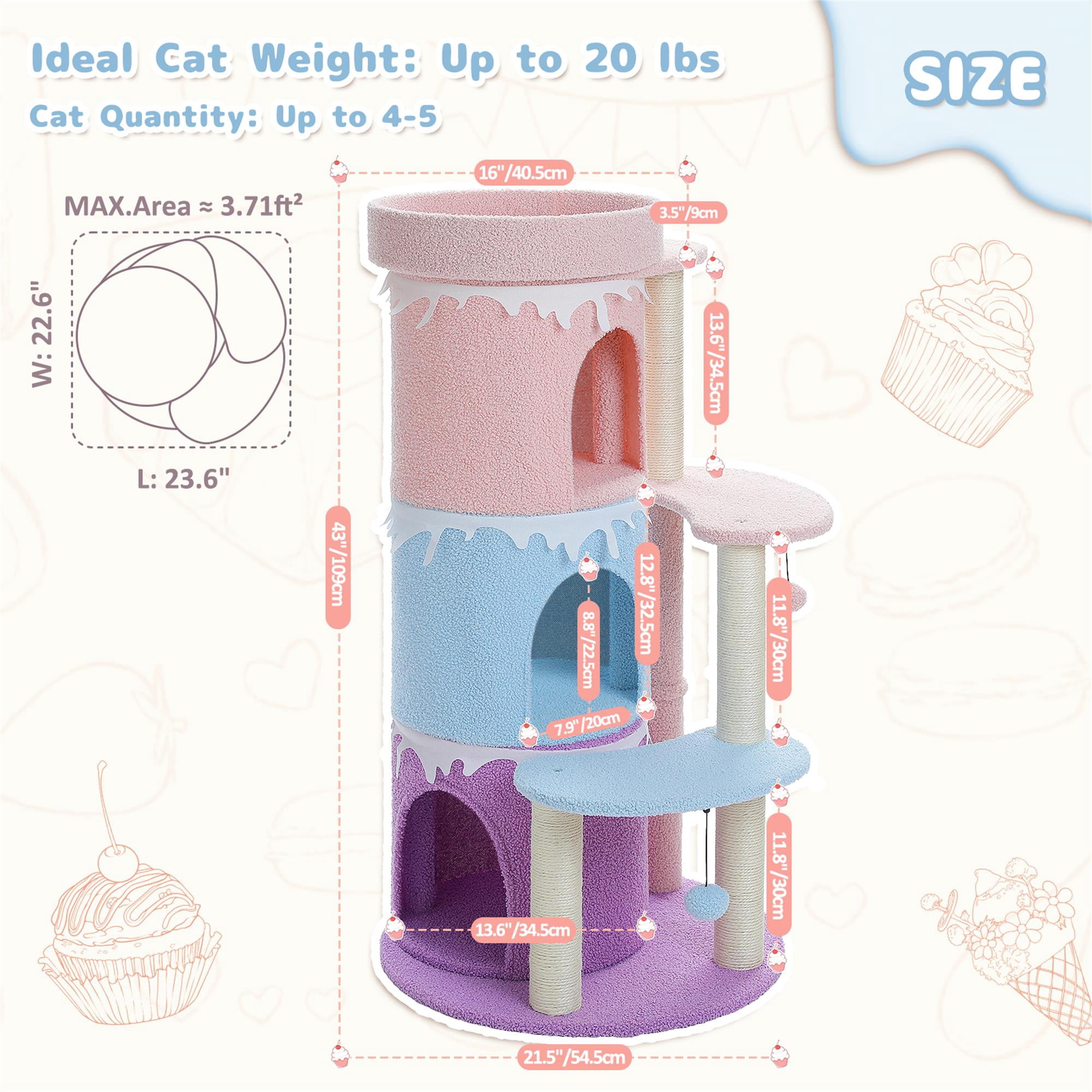 resenkos 43" Cat Tree Tower for Indoor Large Cats, Cat Bed House with 3 Large Cat Condos and Sisal Covered Scratching Posts for Kittens, Pink