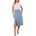 thumbnail image 2 of INSPIRE CHIC Women Denim Midi Skirt High Waisted Button Up Casual Slit Jean Skirts L Light Blue, 2 of 6
