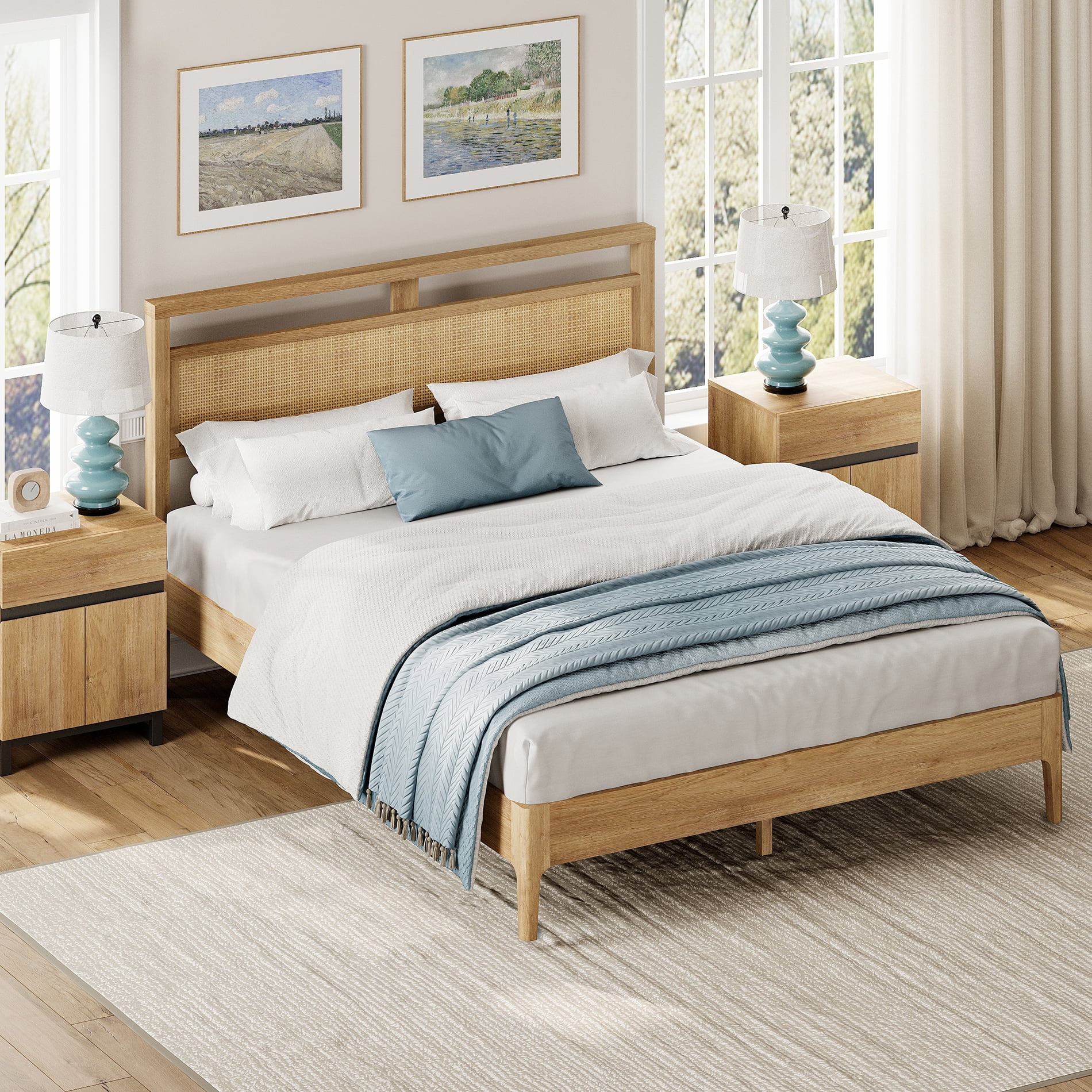 Queen Bed Frame With Rattan Headboard, Solid Wood Legs,Oak