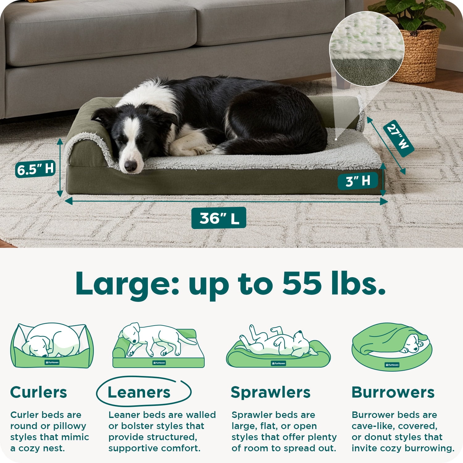 FurHaven Pet Products Two-Tone Faux Fur & Suede Orthopedic Deluxe Chaise Lounge Pet Bed for Dogs & Cats - Dark Sage, Large