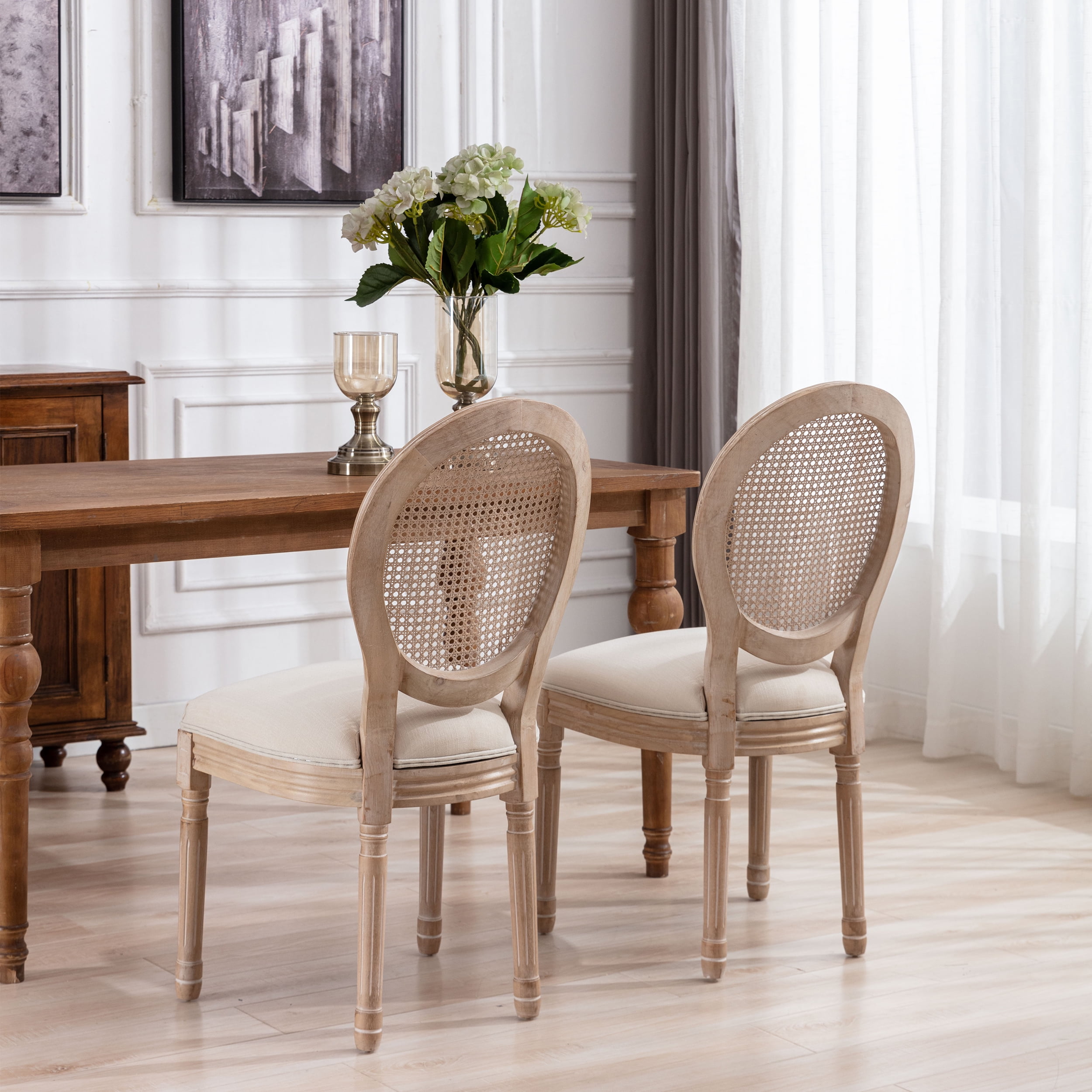 French Style Solid Wood Frame Antique Painting Linen Fabric Rattan