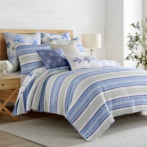 Levtex Home - Harbor Bay Quilt Set - Twin/Twin XL Quilt (68x86in) and 1 Standard Sham (20x26in) - Coastal Stripes - Blue, Green, White - Reversible - Cotton
