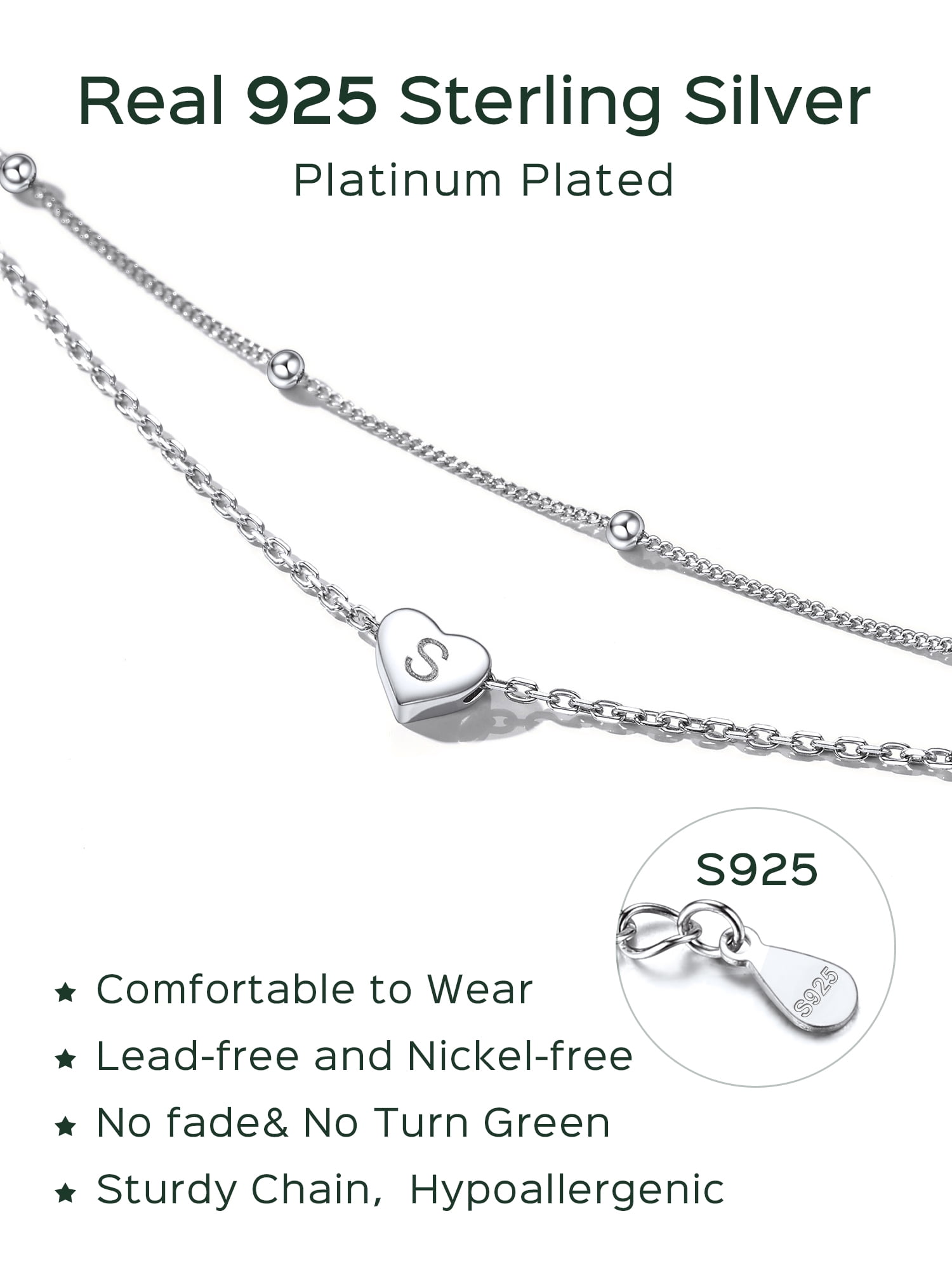 ChicSilver Womens Initial Anklet 925 Sterling Silver Layered Anklet Bracelet Dainty Beaded Chain Anklet Adjustable 11" Waterproof Summer Beach Jewelry for Women