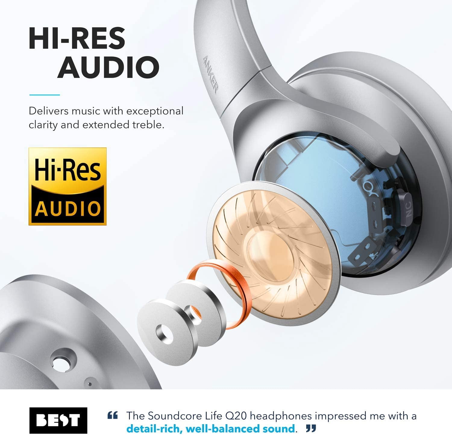 Restored like new Soundcore Anker Life Q20 Noise Cancelling Headphones, over-ear Bluetooth, 60H Playtime, Hi-Res Audio, Deep Bass, Memory Foam (Refurbished)