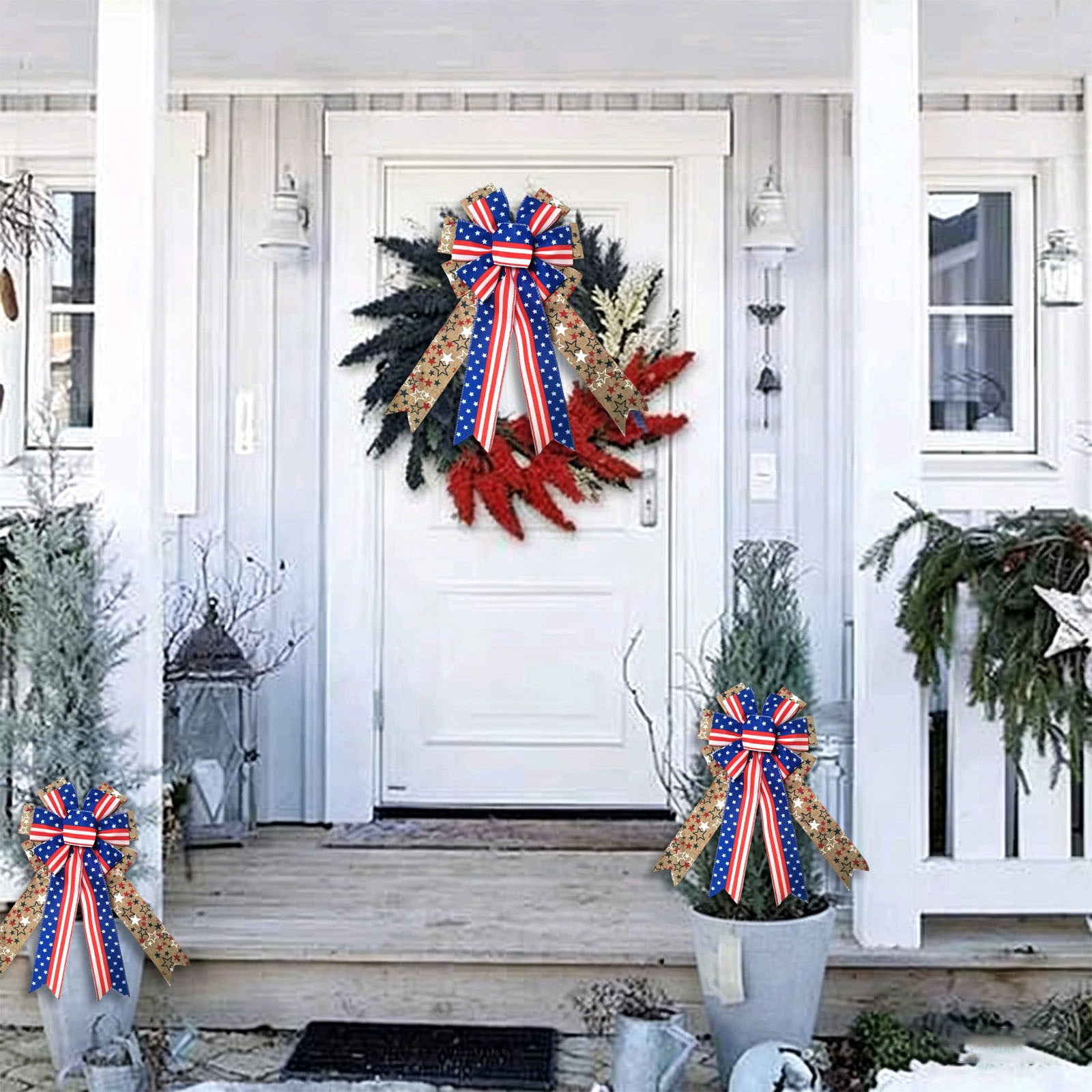 Independece Day Wreath Bows, Patriotic Decor Bows for July 4th Wreath, America Flag Strip Burlap Bow for Front Door Memorial Day, Patriotic Tree Topper Decor Indoor Outdoor Supplies