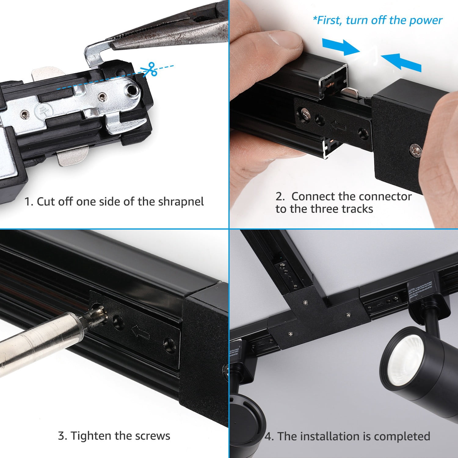 H Track T Connector, H Type Single Circuit 3-Wire-1 Track Lighting Kit, Corner Joiner, UL Listed, Flame Retardant Material, for H Track System, 3 Years Warranty, 120V, Black