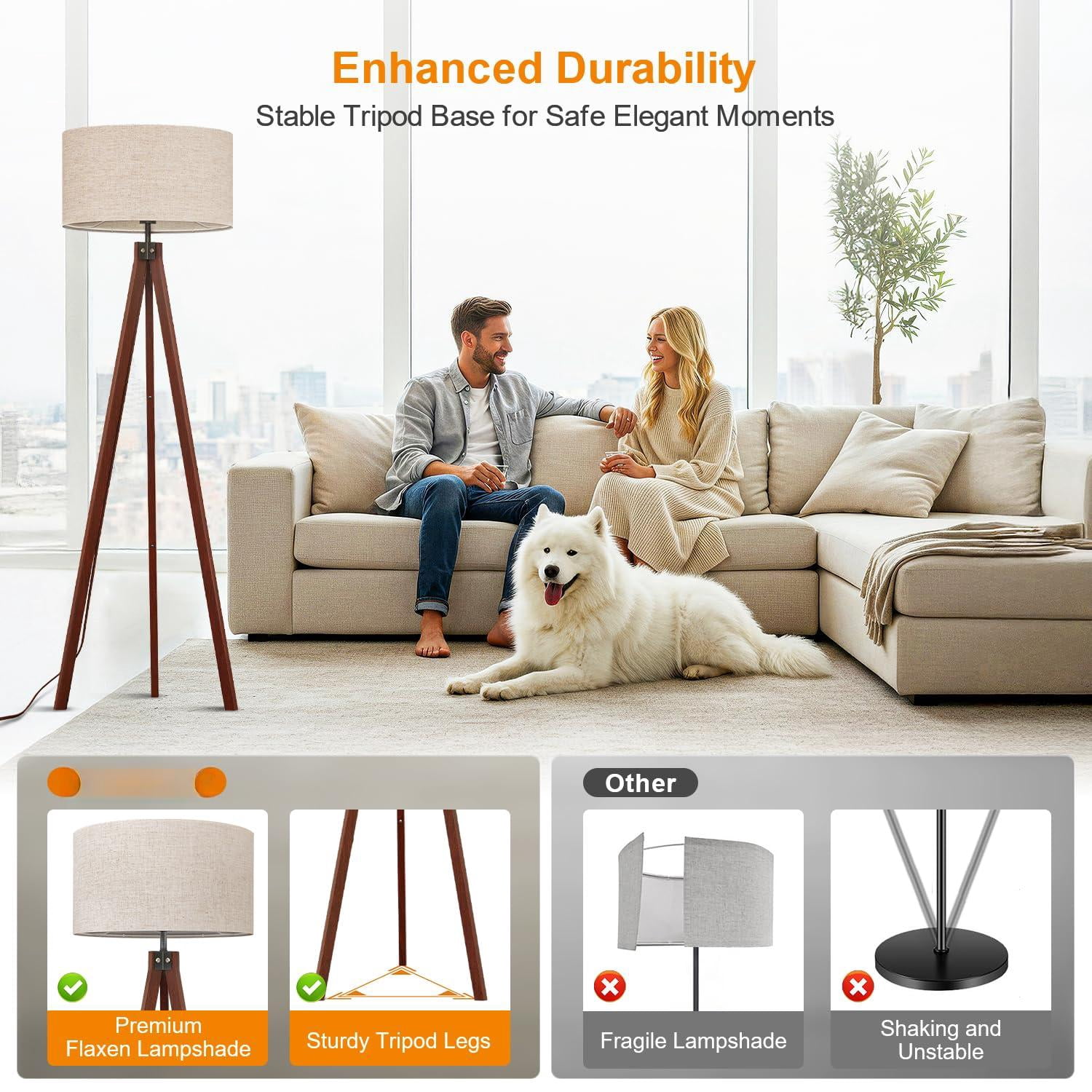Wood Tripod Floor Lamp  Mid Century Standing Modern Design Studying Light For Living Room Bedroom Study And Office Flaxen Linen Shade With E26 Base Brown