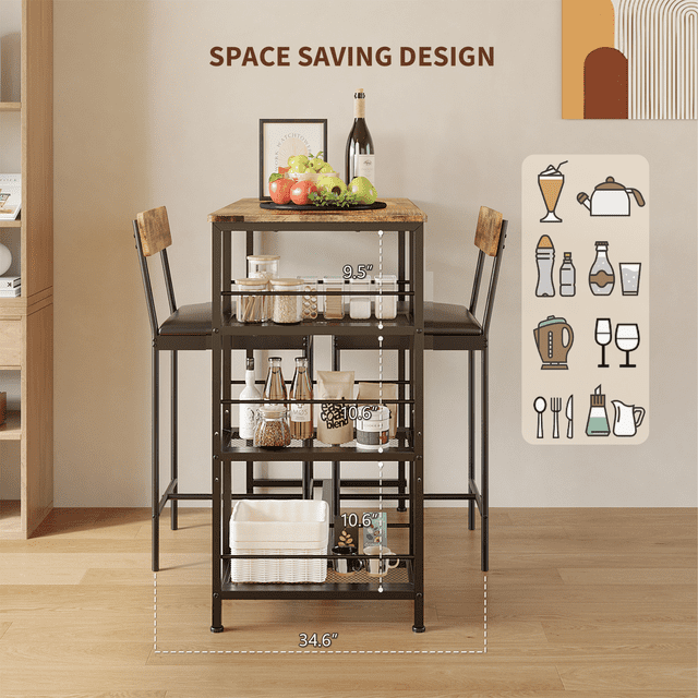 Space-Saving 3-Piece Dining Table Set for 2 – Modern Bar Table & 2 Upholstered Stools – Metal Frame, Built-in Wine Rack, Compact Living Room Furniture – Ideal for Kitchen, Apartment – Tiger Wood