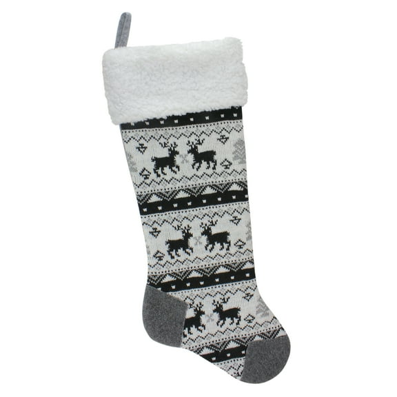 23.25" Black Gray and White Rustic Lodge Knit Christmas Stocking with Sherpa Cuff