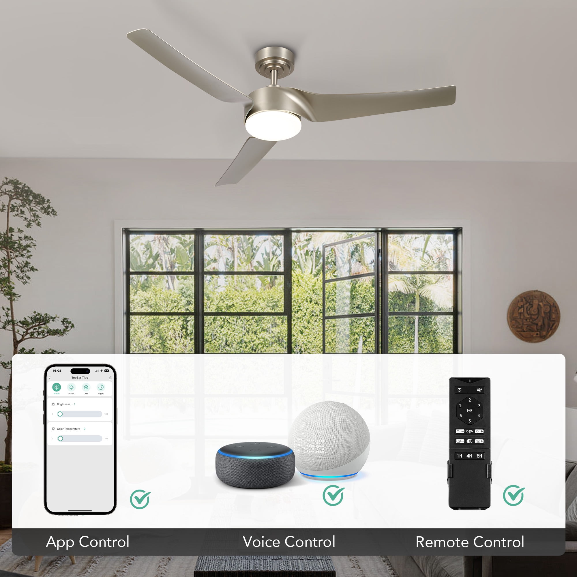 Bestco Modern 52" Smart Ceiling Fan with Dimmable Light Kit & Remote