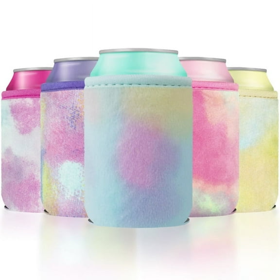 BAGnoREGio 5-Pack Tie Dye Faux Fur Neoprene Beer Can Cooler Sleeves, Plush Velvet 12oz Soda Cans Beverage Insulated Coolers (Rainbow Multi color)