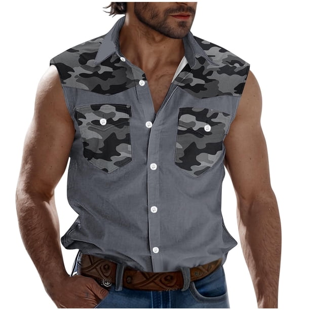 Camisas de Cuello para Hombres, Moda Casual Día de la Independencia Imprimir Turndown Bolsillos sin Mangas Tanque Deportivo