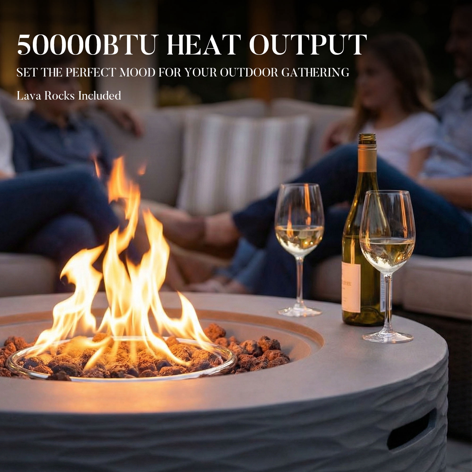 MOALCOFER 35" Outdoor Fire Pit Table,Round Propane Fire Pit,Water Ripple Design,Grey
